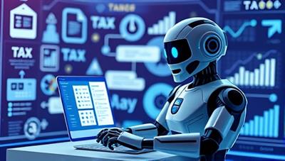 A futuristic visual representation of TaxTalker as a friendly chatbot guiding a user through tax forms on a digital interface, with tax-related icons and graphs in the background, symbolizing efficient and personalized tax assistance in a digital age.