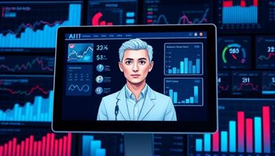 An AI-powered virtual assistant providing financial advice on a digital screen, surrounded by financial charts and graphs, symbolizing smart financial management and well-being.