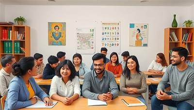 An interactive virtual language classroom setting with diverse participants engaging in language exchange activities, sharing cultural insights, and learning from each other, fostering a dynamic and inclusive learning environment.