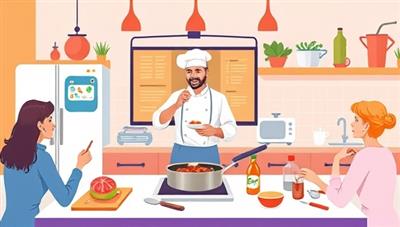 A colorful digital illustration of a virtual cooking class setting, featuring a chef demonstrating a recipe on a live video stream, with participants following along in their own kitchens, cooking utensils, and ingredients visible, creating an interactive and engaging culinary learning environment.