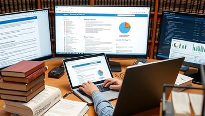 An image of a person conducting legal research on a laptop, surrounded by law books and digital screens displaying legal databases and resources, depicting a dedicated and knowledgeable approach to legal information retrieval.