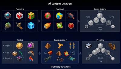 An innovative interface showcasing the AI content creation tool in action, generating diverse game assets and designs with speed and precision, illustrating the efficiency and creativity benefits for game developers.