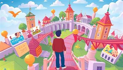 An animated illustration of a user navigating through a virtual world filled with language challenges and rewards, symbolizing the gamified language learning experience offered by the app.