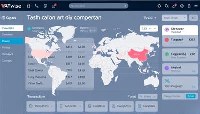 An online dashboard displaying global e-commerce transactions with VAT calculations, compliance alerts, and transaction monitoring tools, illustrating the seamless VAT management and advisory services offered by VATwise Connect to e-commerce businesses worldwide.