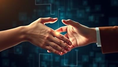 An artistic depiction of two hands symbolizing borrowers and lenders coming together through a digital interface on the LendBud platform, showcasing trust, collaboration, and financial support in a peer-to-peer setting.