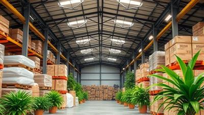 A warehouse interior filled with biodegradable packaging materials, energy-efficient lighting, and lush green plants, symbolizing sustainability and modern eco-friendly storage solutions.