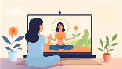 A serene digital illustration showing a virtual wellness coach guiding a client through a meditation session on a screen, surrounded by images of nature and positivity, evoking a sense of calm and balance.