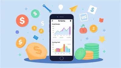 An illustration of a digital device displaying the BudgetBuddy app interface with colorful budget graphs, spending categories, and savings goals, surrounded by symbols representing financial stability and control, highlighting the efficiency and convenience of using the fintech budgeting tool.
