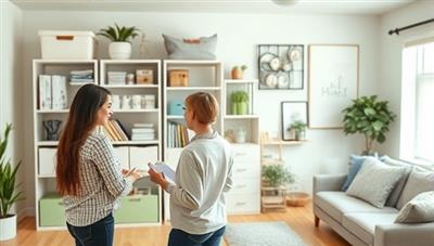 A virtual home transformation scene with a professional organizer guiding a client through a virtual decluttering session, showcasing organized shelves, labeled containers, and a visually appealing living space. The background features a virtual design studio with storage solutions and home organization tools, illustrating the efficiency and beauty of virtual home organization services.