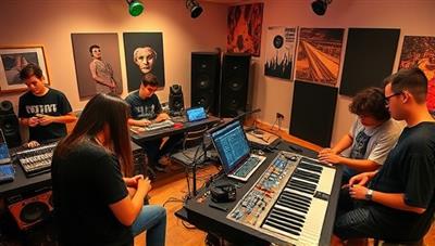 A music studio scene with teens experimenting with music production equipment, mixing tracks, and collaborating on creative projects, capturing the vibrant and dynamic atmosphere of BeatForge Academy as a hub for young music producers and artists.