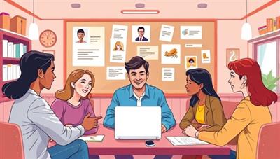 A dynamic and engaging digital illustration featuring a virtual language coaching session with a diverse group of students practicing conversation, vocabulary exercises, and cultural exchanges, showcasing a fun and interactive language learning experience.