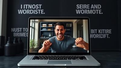 An energetic virtual workout session with a coach guiding a client through exercises via a video call, showcasing the convenience and effectiveness of remote fitness coaching, with motivational fitness quotes in the background.