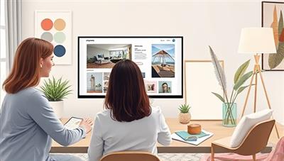 An artistic rendering of a virtual design consultation session, with a designer presenting a mood board and design concepts on a computer screen, surrounded by samples of fabrics, paint swatches, and decor elements, illustrating a collaborative and creative design process.