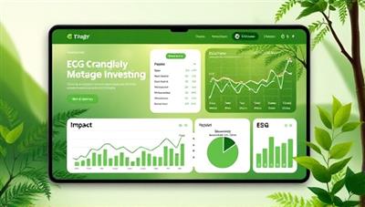 An eco-friendly digital platform design featuring green accents and nature elements, with graphs illustrating ESG performance and impact metrics, conveying a sense of sustainability and responsible investing in a visually appealing manner.