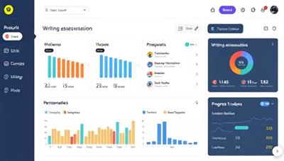 An interactive dashboard displaying a user's writing assessment results with personalized recommendations, charts, and progress trackers, highlighting data-driven insights and actionable feedback for skill enhancement.