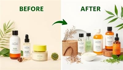 An eco-friendly beauty brand transformation process, featuring before-and-after images of a brand's packaging, ingredients, and production methods transitioning towards sustainable and environmentally friendly practices, conveying the essence of eco-conscious beauty solutions.