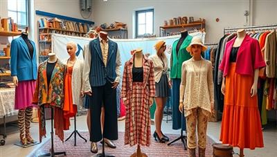 A colorful array of upcycled fashion pieces displayed on mannequins in a vibrant studio setting, showcasing the transformation of old clothing into stylish and sustainable outfits, inspiring creativity and sustainability in fashion.