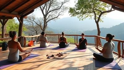 A serene virtual retreat setting with participants engaging in virtual yoga sessions, meditation circles, and wellness workshops amidst a tranquil natural backdrop, evoking a sense of peace and rejuvenation at Serenity Haven.