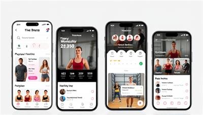 A sleek and modern app interface displaying workout routines, progress trackers, and real-time video coaching sessions, with a diverse group of users engaging in different fitness activities, promoting inclusivity and motivation.