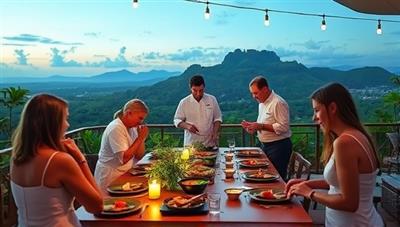 An exotic outdoor dining setup in a picturesque location with a group of participants engaging in a hands-on cooking class led by a renowned chef, surrounded by fresh ingredients and cooking utensils, capturing the essence of the immersive culinary adventure.