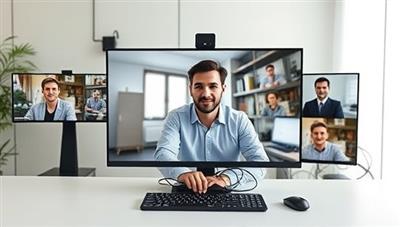 A virtual meeting setup with a consultant on a video call, discussing telecommunication solutions with a diverse group of clients on screens, highlighting collaboration and expertise.