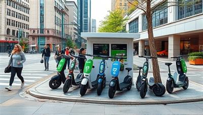 An urban scene with a bustling street corner showcasing a vibrant electric scooter rental station with a variety of scooters available for rent, surrounded by pedestrians and cyclists, illustrating convenience and eco-friendly mobility options.