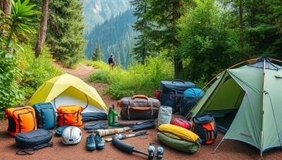 An assortment of high-quality and earth-friendly travel gear displayed in a natural setting, surrounded by lush greenery, hiking trails, and camping tents, showcasing the durability and eco-consciousness of the rental service.