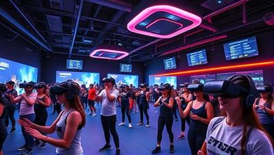An energetic fitness arena filled with participants wearing VR headsets and engaging in virtual workouts or sports simulations, with digital displays showing real-time performance metrics and motivational messages, creating a dynamic and futuristic fitness environment that blends technology and exercise seamlessly.