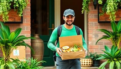 A vibrant food delivery scene featuring a courier delivering a meal in eco-friendly packaging to a customer's doorstep, surrounded by lush greenery and sustainable food icons, capturing the essence of environmentally conscious dining and delivery services.