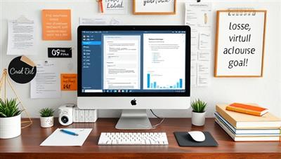 A digital workspace setup showcasing an organized desktop with productivity tools, task lists, motivational quotes, and a virtual productivity coach providing guidance and support to a client, illustrating a focused and efficient work environment for achieving goals.
