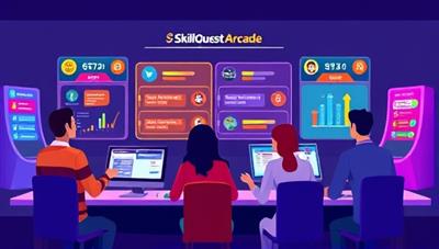 An animated scene depicting employees from different industries engaging in a friendly competition on the SkillQuest Arcade platform, with colorful game elements, leaderboards, and virtual badges highlighting their progress and achievements, conveying the gamified approach to professional development.