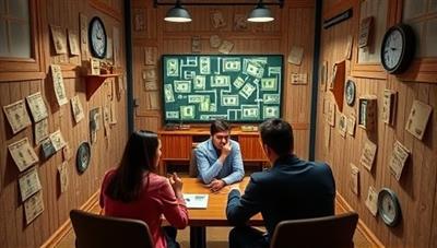 An online financial escape room setting with digital puzzles, money-themed clues, and a group of diverse participants collaborating virtually to solve financial challenges and escape the money maze, creating a sense of teamwork, adventure, and learning in a digital environment.