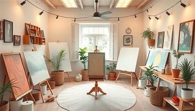 A serene virtual studio space filled with art supplies, calming colors, and cozy decor, where participants engage in therapeutic art activities led by a compassionate art therapist, fostering a sense of tranquility and emotional release through creativity.