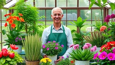 An inviting visual representation of a virtual horticulturist providing gardening advice and plant care tips to a diverse group of gardening enthusiasts via video consultations, surrounded by lush greenery and blooming flowers, creating a vibrant and inspiring gardening atmosphere.