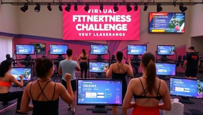An energetic virtual fitness challenge event showcasing participants from different locations engaging in a high-intensity workout session, with progress trackers and leaderboards displayed on screens, fostering a sense of community and competition among fitness enthusiasts.