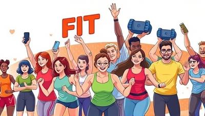 An energetic and dynamic digital illustration of people of diverse backgrounds and ages engaging in virtual fitness challenges together, showcasing teamwork, motivation, and a sense of accomplishment, inspiring others to join the community.