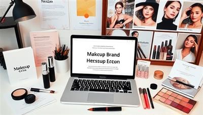 An educational desktop setup with a laptop displaying a makeup brand creation course syllabus, surrounded by cosmetic product samples, branding materials, regulatory guides, and a mood board with inspirational makeup images, conveying expertise and creativity in makeup brand development.