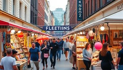 A bustling street transformed into a vibrant pop-up market with colorful stalls, unique products on display, and a diverse crowd of shoppers exploring the temporary retail experience, capturing the essence of Fleeting Markets' dynamic and engaging concept.