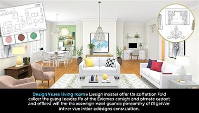 A virtual room design visualization showcasing a transformed living space with different furniture layouts and color schemes, surrounded by design sketches, fabric swatches, and decor elements, highlighting the creativity and customization offered by DesignVue's virtual interior design consultations.