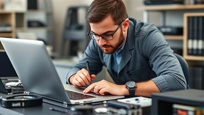 An expert technician working on a laptop repair with precision tools and a magnifying glass, surrounded by various tech devices awaiting repair, conveying professionalism and expertise in tech services.