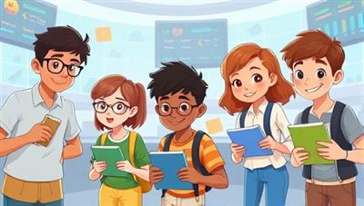 An animated illustration of diverse students in a virtual game world, solving educational challenges and earning virtual rewards, showcasing the fun and engaging nature of gamified learning experiences.