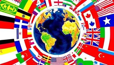 A vibrant digital globe surrounded by diverse language flags, symbolizing global connections and multicultural communication.