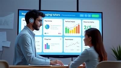 An AI-powered tutor avatar interacting with a student on a virtual screen, displaying personalized study recommendations and progress tracking, illustrating the technology-driven and adaptive nature of the tutoring platform.