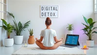 A serene digital detox space with calming colors, plants, and relaxation props, featuring a person meditating or practicing mindfulness next to a digital device displaying notifications, symbolizing the balance between technology and well-being.