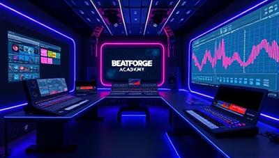 An immersive visual representation of a virtual music studio environment within BeatForge Academy, featuring virtual mixing consoles, MIDI controllers, and creative sound design tools, providing aspiring producers with a futuristic and engaging learning experience in music production.