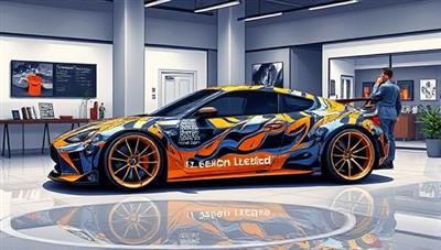 An artistic rendering of a customized luxury vehicle with a striking exterior wrap and custom rims, parked in a showroom setting with studio designers discussing design options with a client, illustrating the bespoke and premium nature of RevampRides Creations' services.