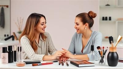 An inspiring virtual beauty mentorship session with a mentor providing guidance and feedback to a mentee, surrounded by beauty industry tools and portfolios, creating a supportive and empowering mentorship atmosphere in the beauty sector.