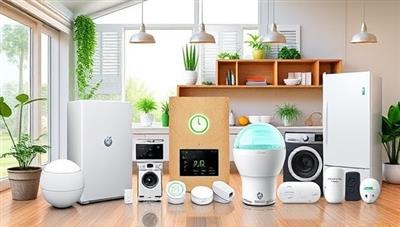 An artistic representation of EcoSmart Kits showcasing a variety of smart devices, sensors, and eco-friendly appliances packaged together in a sustainable and modern home setting, illustrating the concept of energy-efficient home automation solutions.