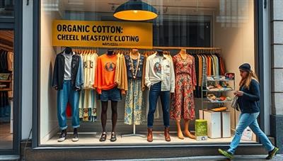 A vibrant storefront window display showcasing trendy sustainable clothing items made from organic cotton, recycled denim, and biodegradable materials, attracting eco-conscious shoppers passing by.