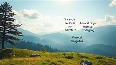 A serene meditation scene featuring a peaceful landscape, calming visuals, and financial wellness affirmations floating in the air, evoking a sense of tranquility, balance, and mental clarity in managing finances.